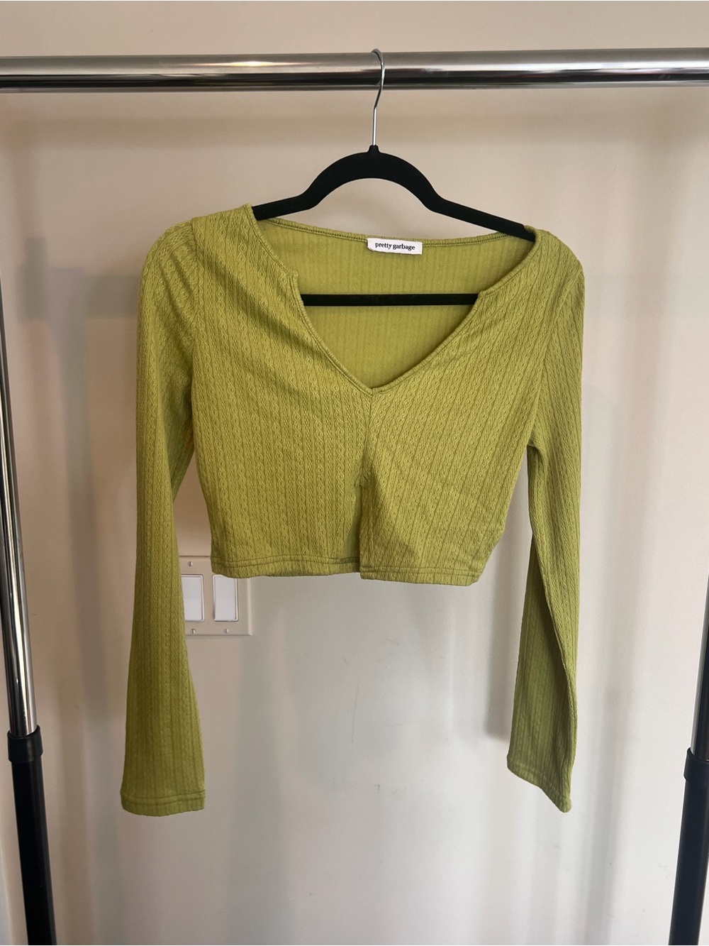Pretty Garbage Lime Green Ribbed V-Neck Long Sleeve Crop Top